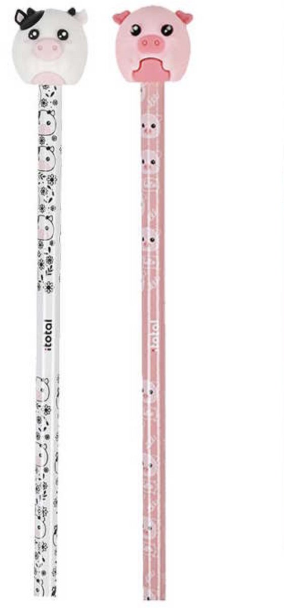 iTotal set van 2 3D Wooden Pencils Potlood “Piggy Hello Pink Love” & “ Cow Moodd” 24gr