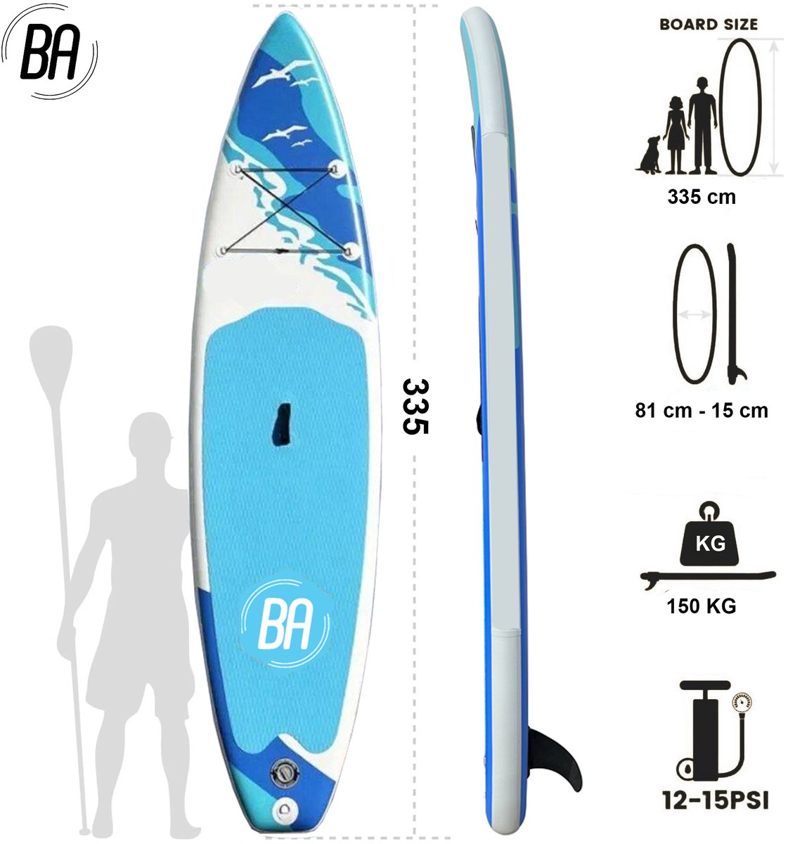 Best Active SUP Board Premium XXL - Opblaasbaar Paddle Board - Complete Set - Met Pomp / Draagtas / Verstelbare Peddel / Enkelkoord / Reparatiekit - Belastbaarheid Max. 150KG - 335x81x15cm - Aqua/Blauw – foto 2