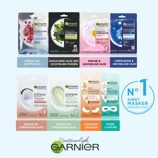 Emballage Garnier SkinActive avec 7 masques faciaux différents, dont la gamme Hydra Bomb.