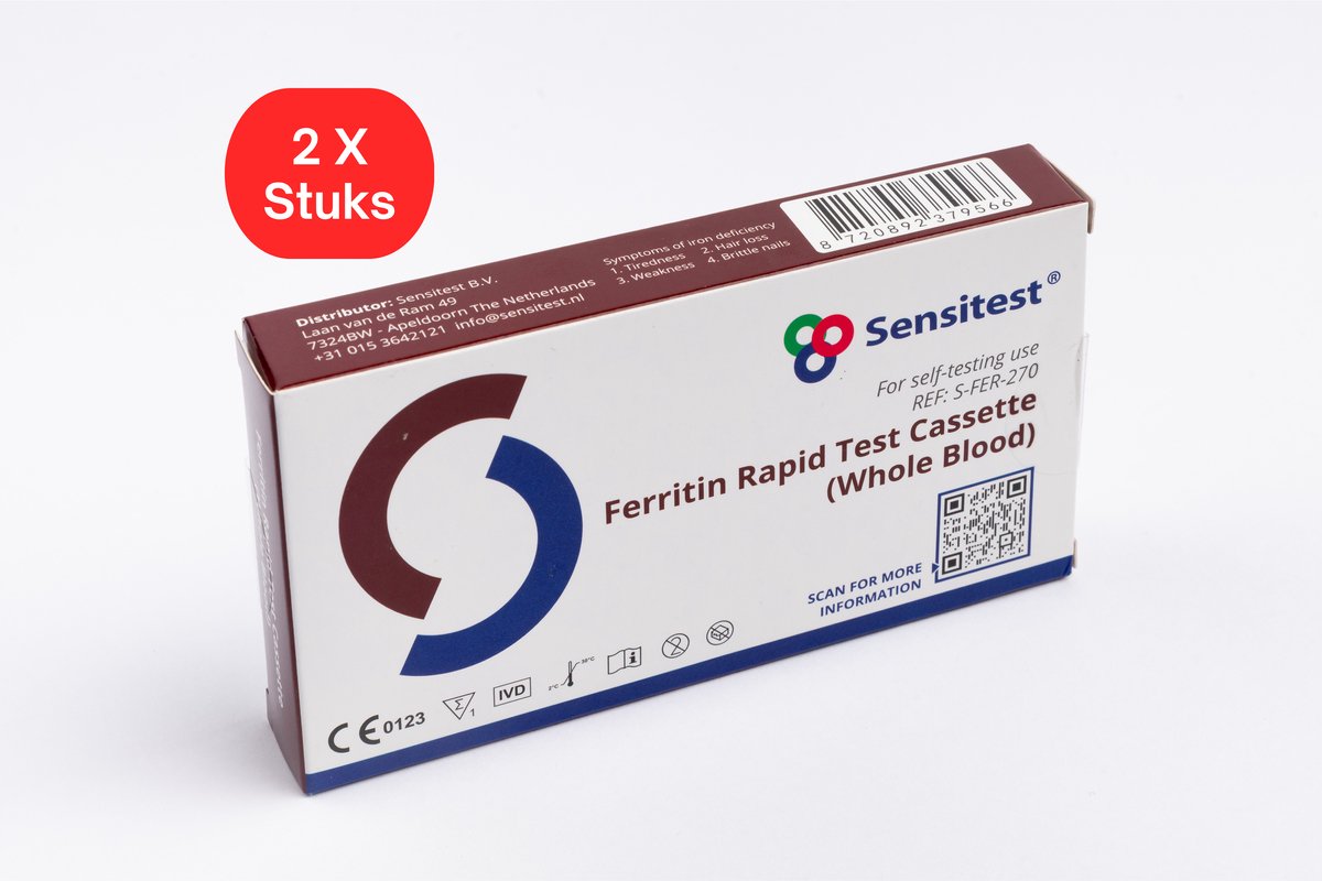 Ferritine Sneltest – 2 stuks – Zelftest voor ijzertekort – Drempel 30 ng/mL – Resultaat binnen 5 minuten – Inclusief lancet, alcoholpad, buffer & pipet
