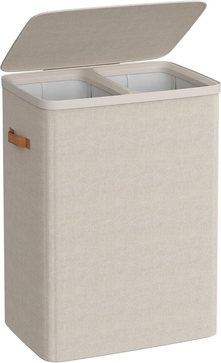 SONGMICS Wasmand, 170 L Vuile wasmand, 2 compartimenten, eenvoudige montage, met deksel en handgrepen, uitneembare binnenzakken, 56 x 40 x 75 cm, Cappuccino Beige LCB813L01