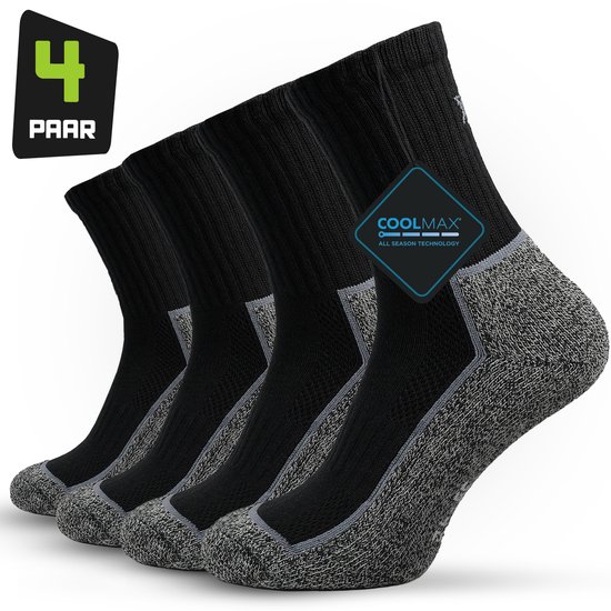 Outdoor- en Wandelsokken Coolmax Heren & Dames - Maat 39-42 - 4-paar - Zwart - Vermindert zweetvoeten - Goede ondersteuning - Comfortabele pasvorm - Anti-afzak band - Verstevigde Teen & Hiel