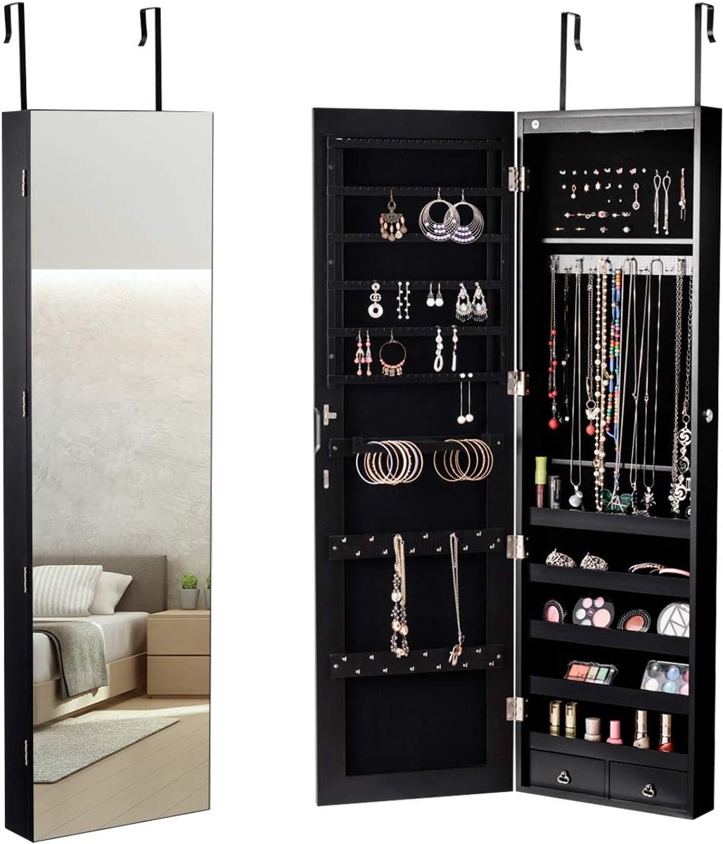 COSTWAY Sieradenkast met ledverlichting, sieradenrek hangend, spiegelkast met spiegel, afs