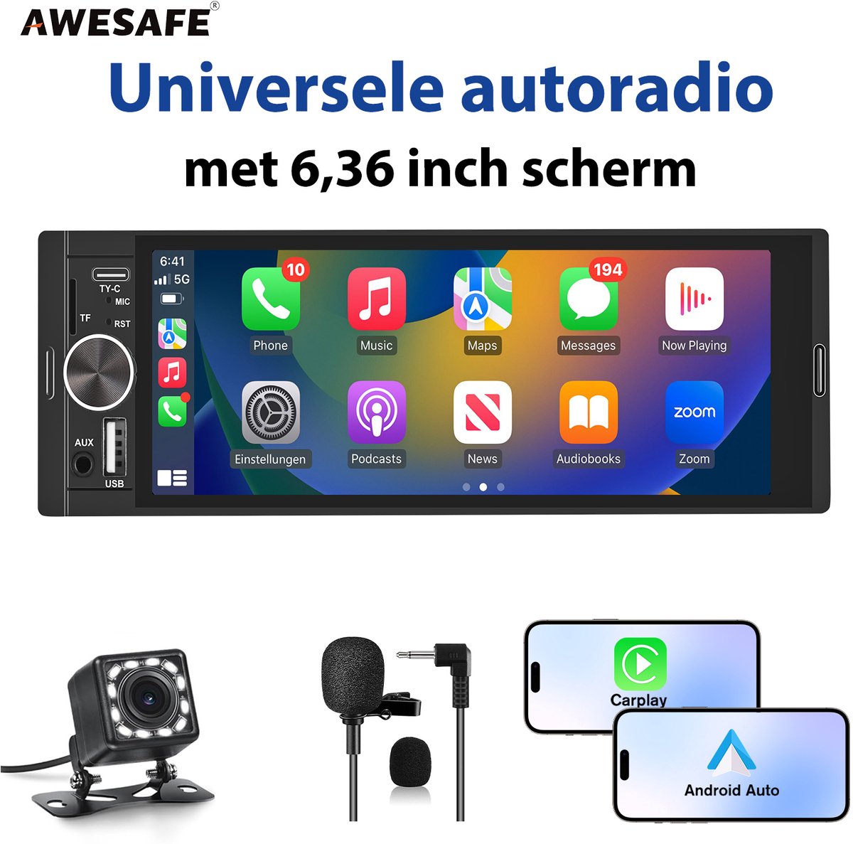 Awesafe 6,36 Inch IPS Touchscreen Autoradio - Draadloos Carplay Android Auto - Universele - 1280*480P HD Achteruitrijcamera - DSP - FM Radio - Bluetooth
