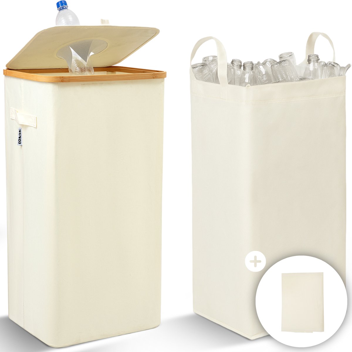 NOVOB® Statiegeld Container met Wasbare Flessentas - 100L - Met Deksel en Extra Flessentas - Prullenbak voor Lege Flessen en Blikjes - Afvalbak | Wit