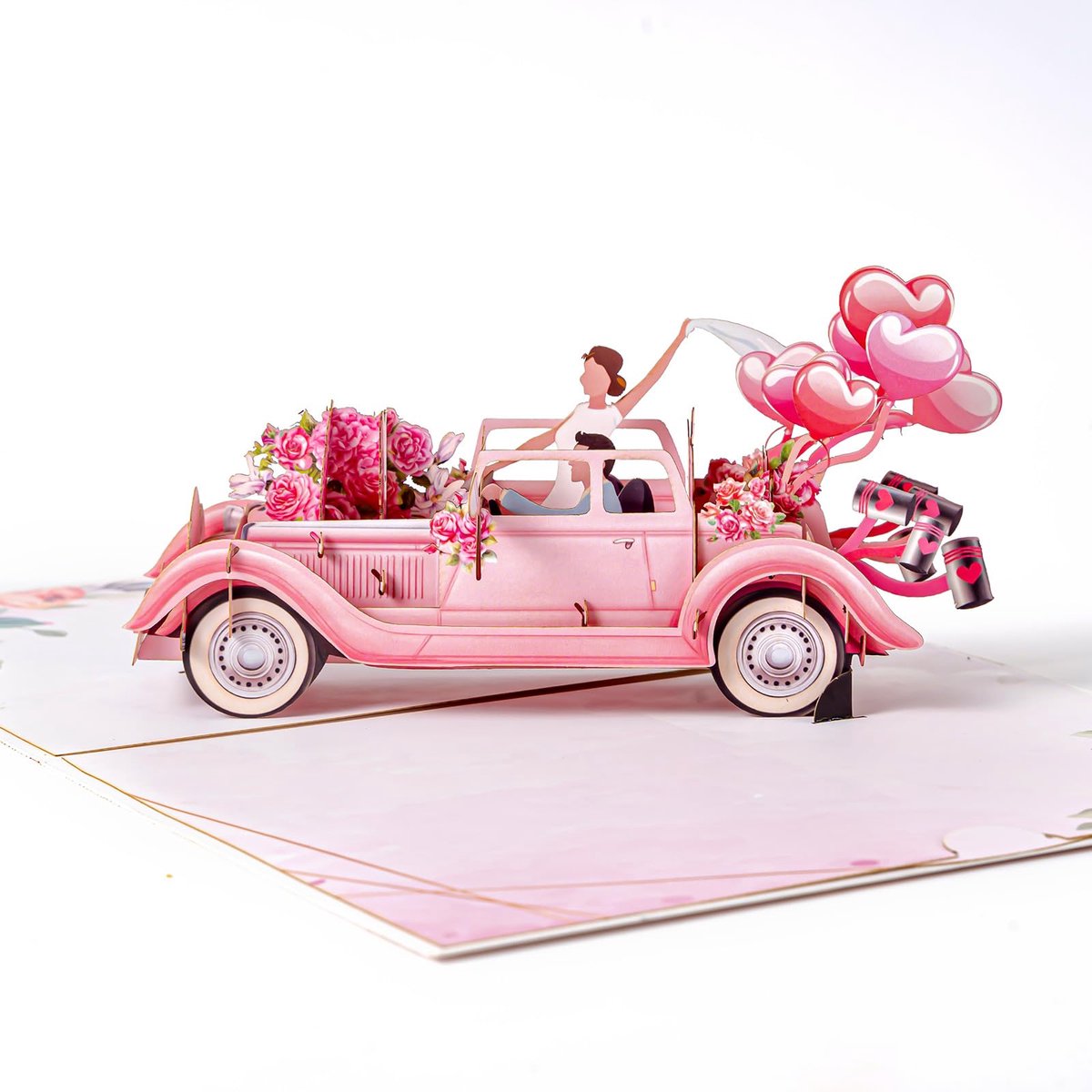YYchan 3D Pop-up Huwelijkskaart met Bruidspaar in Oldtimer - Romantische Trouwkaart met Rozen - Origineel Cadeau-Roze