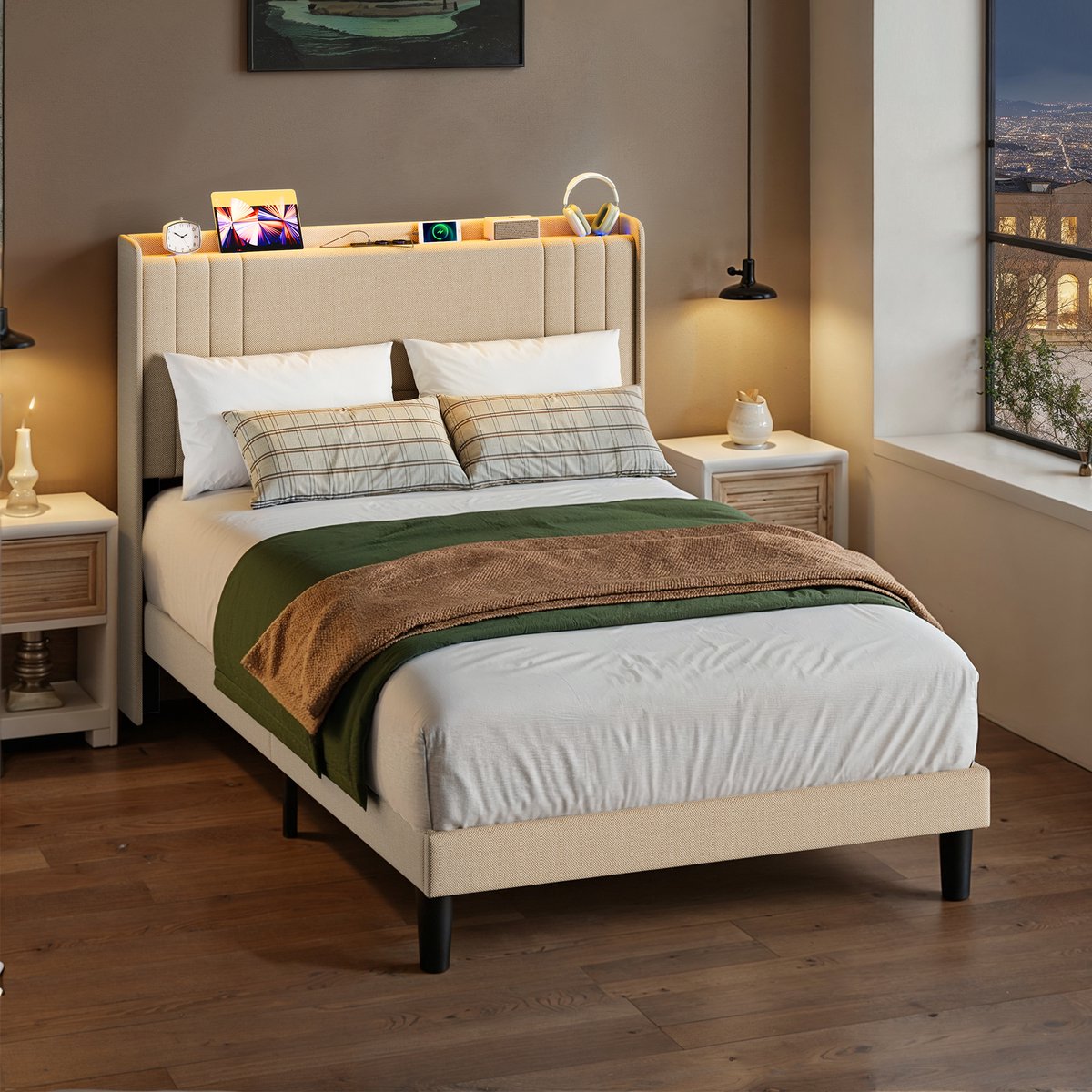 Xbro Gestoffeerd Bed 120 x 200 cm – met LED-Verlichting & USB/Type-C Oplaadpoort – Tweepersoonsbed met Hoofdbord en Lattenbodem – Beige — cadeau in Cadeau-ideeën - foto 5