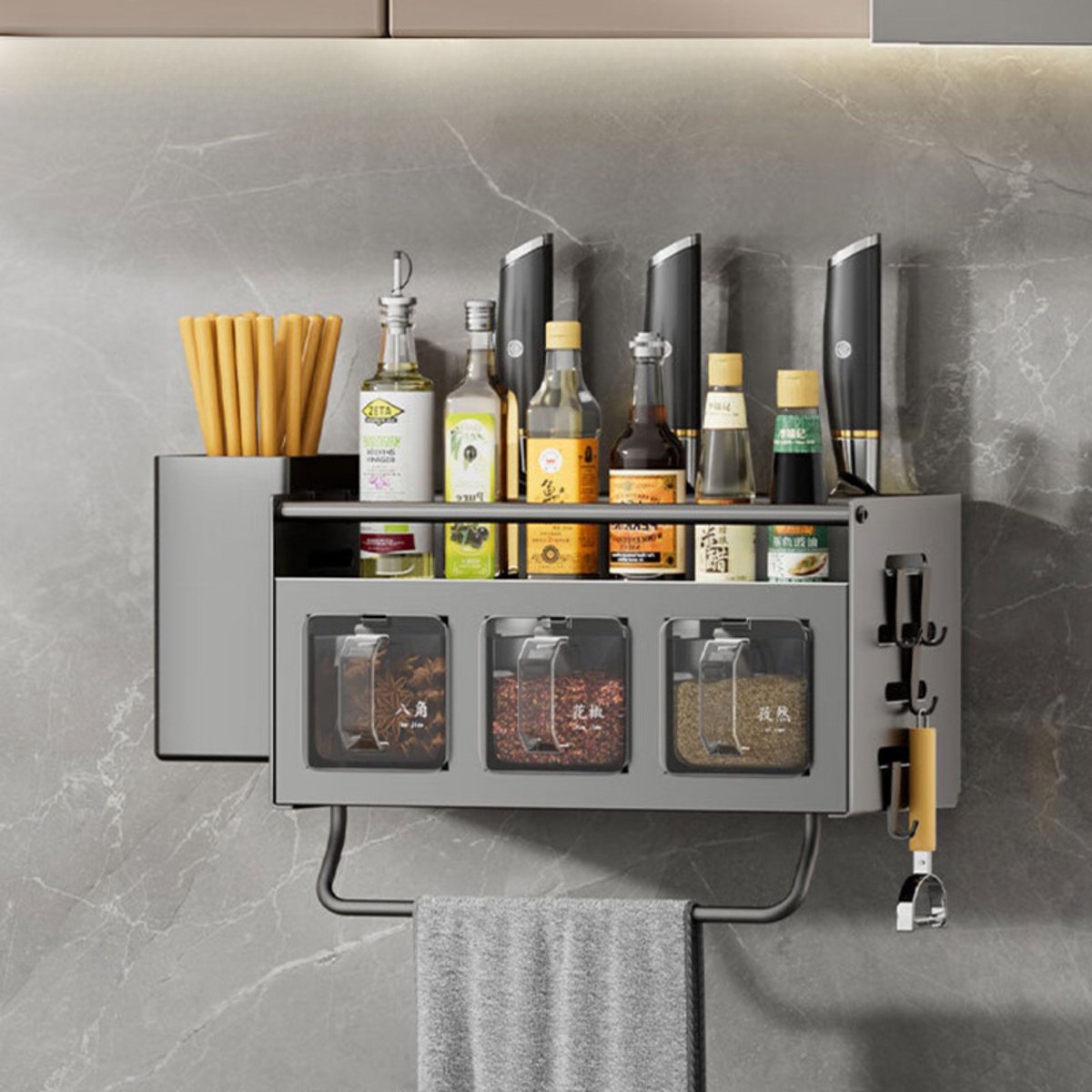 CHIWIN Kruidenrek Ophangbaar Met Potjes - RVS Keukenrek Hangend - Keuken Wandrek Organizer - Installatie Zonder Boren - Ruimtebesparend Ontwerp - Geïntegreerde Opbergruimte - Zwart - 30x14x13.5 cm
