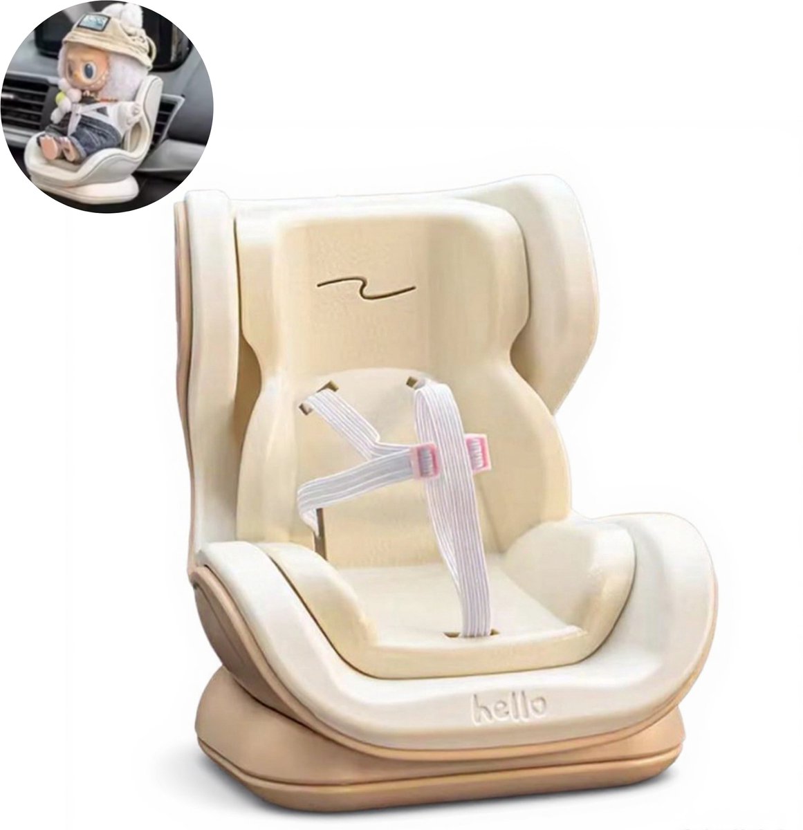 Caimco Plastic Autostoel voor Labubu Poppen - Créme - Veiligheidsstoel Decoratieve Schattige Bank voor Pluche Poppenspeelgoedornamenten - Accessoires voor Auto-Interieurluchtroosters Clip