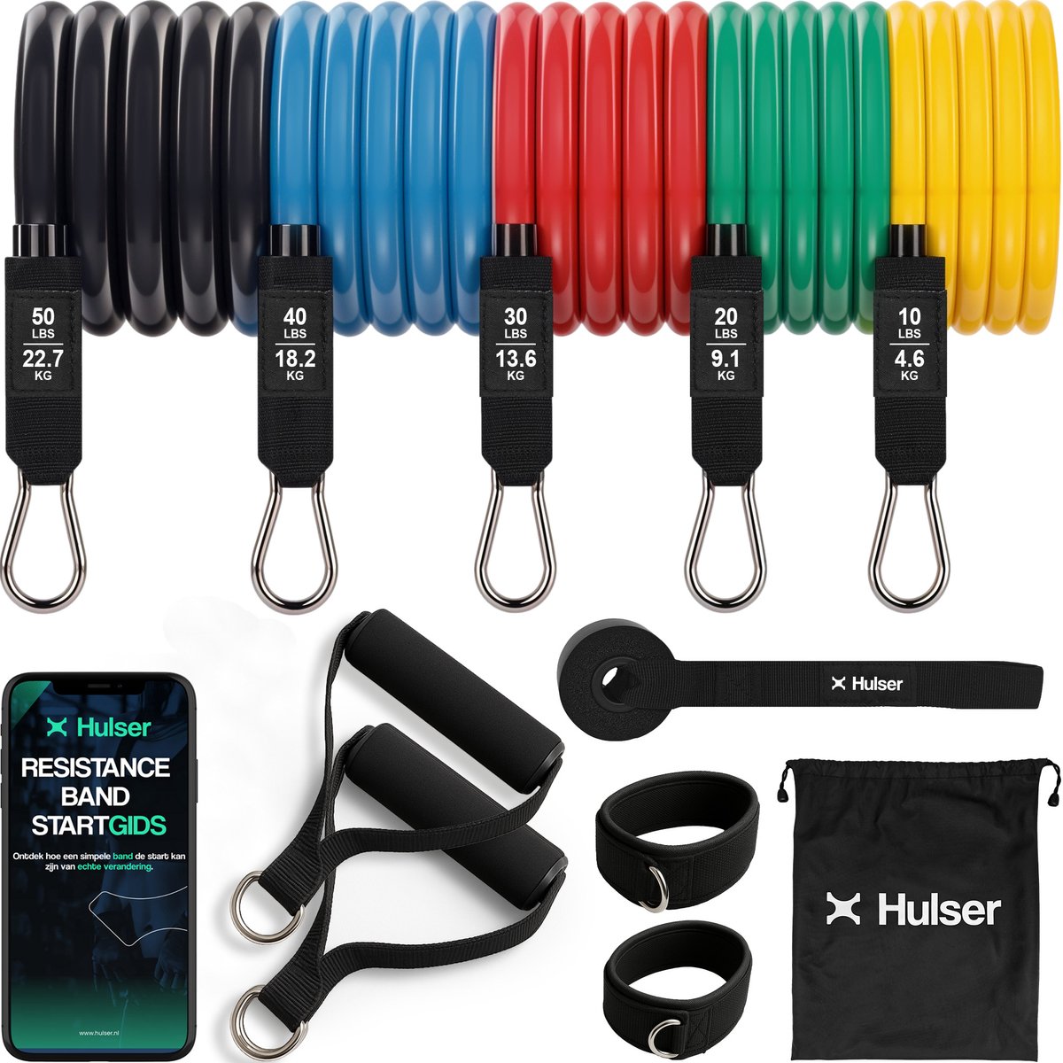 Hulser TPE Tubes Weerstandsbanden set 120 cm - 12-delig - 4 tot 23 kg - Resistance band met handvatten, ankle strap, deuranker en digitale startgids - Met fitness oefeningengids - enkelband - Stretch elastiek - Bands - Power band weerstandselastiek