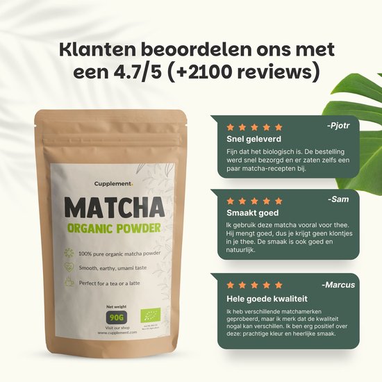 Cupplement Matcha Poeder Biologisch 90 gram - Thee – Detox thee - Energie - Matcha Poeder - Matcha whisk matcha set - 90 dagen voorraad per zakje