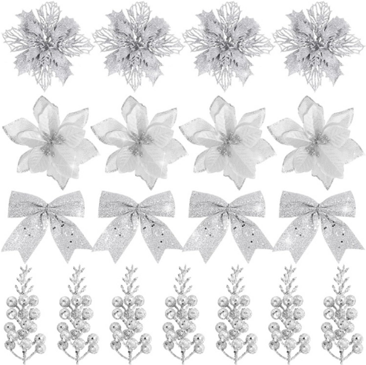 38 Delige Zilveren Kerstdecoratie Set - Glitter Kerstster Bloemen - Kunstbessen - Strikken Met Clips - Voor Kerstboom - Krans - Slinger - Feestdecoratie - 2 Stijlen Kunstbloemen
