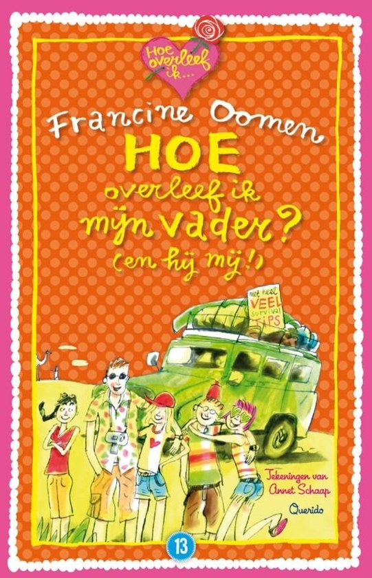 Boek kaft met titel 'Hoe overleef ik mijn vader? (en hij mij!)', een gezin en een jeep op vakantie.