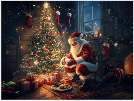 Poster 120x90 cm - Kerstman - Haard - Donker - Posters - Kamer decoratie - Wanddecoratie woonkamer - Muurdecoratie slaapkamer - Kerstversiering - Kerstdecoratie voor binnen - Kerstmis