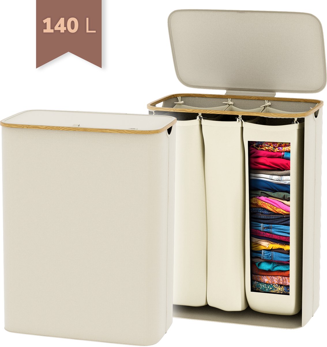 Wasmand 140 Liter met Deksel – 3 Vakken Was Sorteerder – Beige – Grote Wasmand voor Gezin – IN-HOMEXL Modena