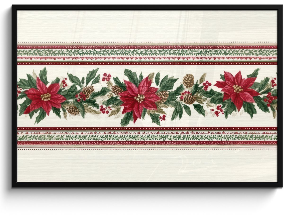 FrameYourWall Poster in lijst - Fotolijst 120x80 cm - Posters - Kerststrook - Pointia - Rood - Groen - Posterlijst zwart - Decoratie - Wanddecoratie woonkamer - Muurdecoratie slaapkamer - Kerstversiering - Kerstdecoratie voor binnen - Kerstmis Kerststrook - Poinsettia - Rood - Groen