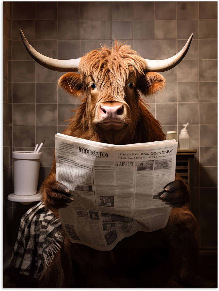 Poster 30x40 cm - Schotse hooglander - Krant - Toilet - Posters - Kamer decoratie - Wandde