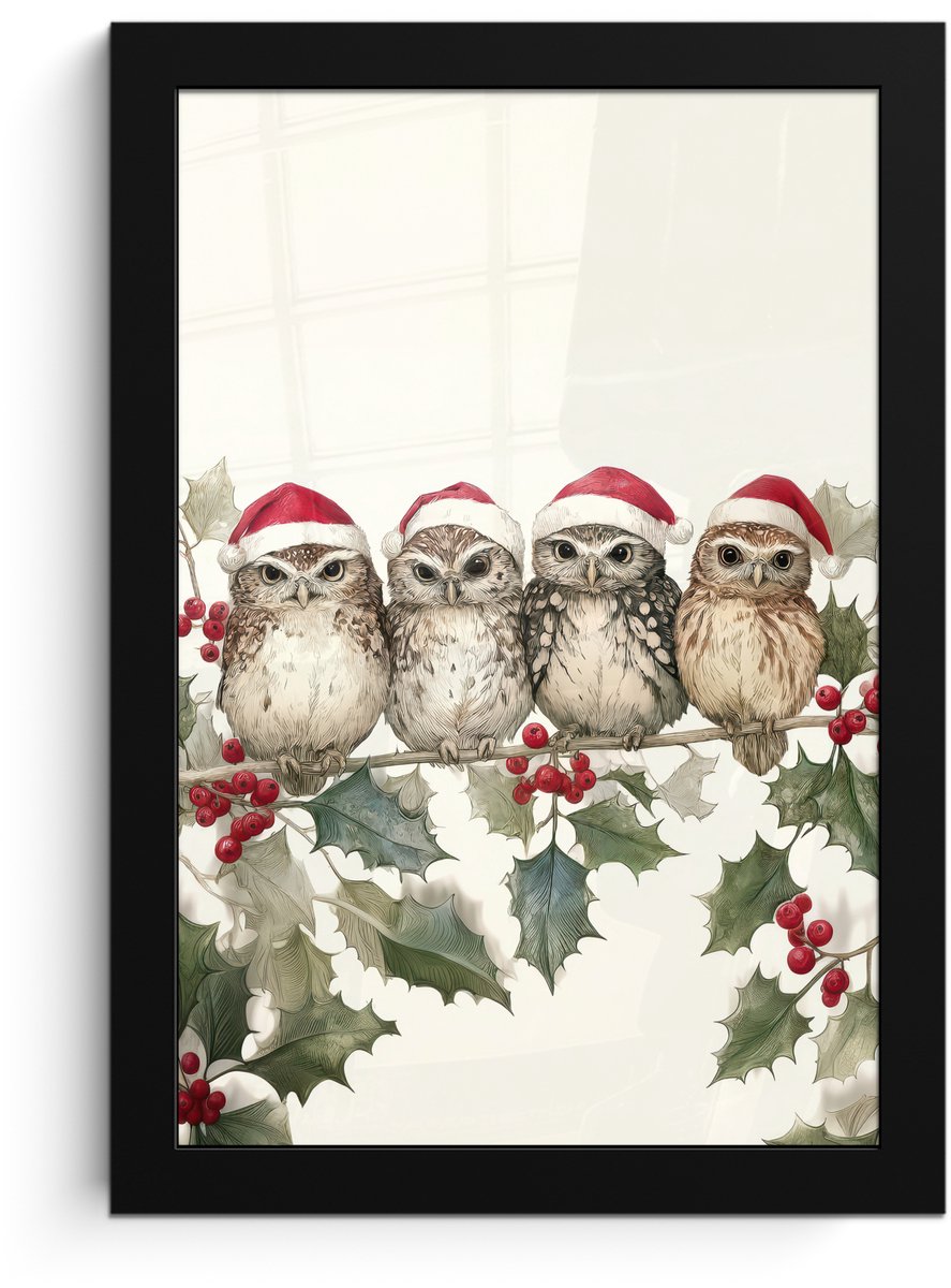 FrameYourWall Poster in lijst - Fotolijst 20x30 cm - Posters - Uilen - Tak - Hulstblaadjes - Kerstmuts - Posterlijst zwart - Decoratie - Wanddecoratie woonkamer - Muurdecoratie slaapkamer - Kerstversiering - Kerstdecoratie voor binnen - Kerstmis