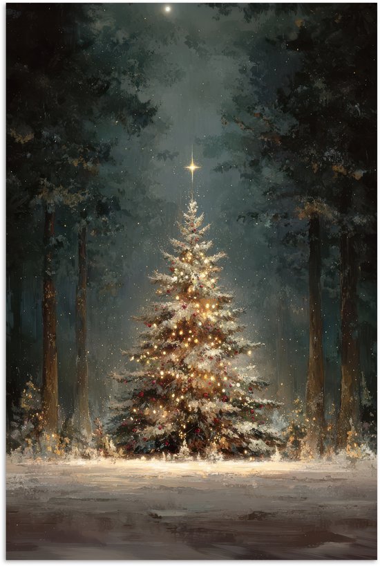 Poster 80x120 cm - Kerstboom - Bos - Sneeuw - meerkleurig - Posters - Kamer decoratie - Wanddecoratie woonkamer - Muurdecoratie slaapkamer - Kerstversiering - Kerstdecoratie voor binnen - Kerstmis