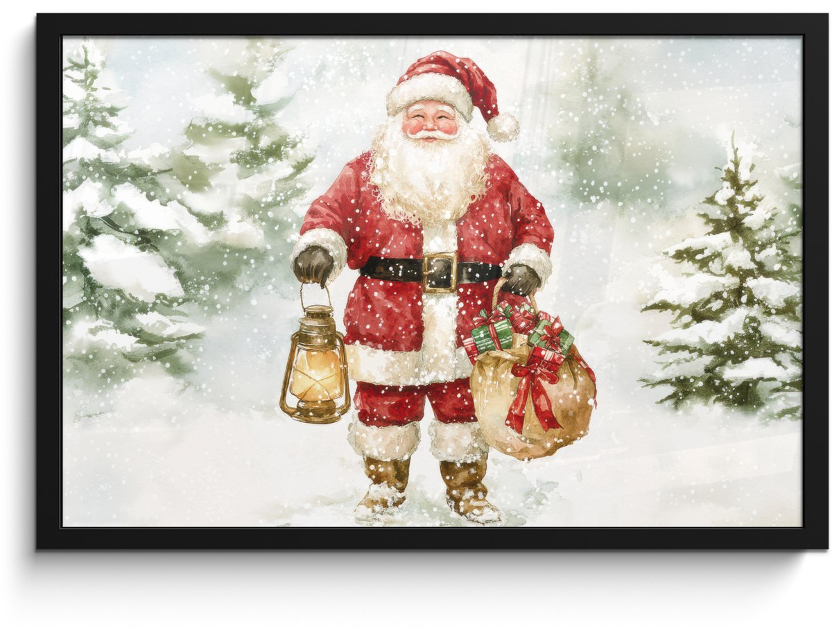 FrameYourWall Poster in lijst - Fotolijst 60x40 cm - Posters - Kerstman- Winter - Sneeuw - Wit - Rood - Posterlijst zwart - Decoratie - Wanddecoratie woonkamer - Muurdecoratie slaapkamer - Kerstversiering - Kerstdecoratie voor binnen - Kerstmis