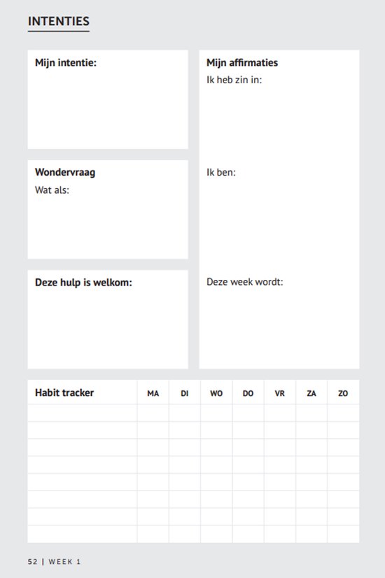 Pagina met intenties, affirmaties en een habit tracker, met invulvelden.