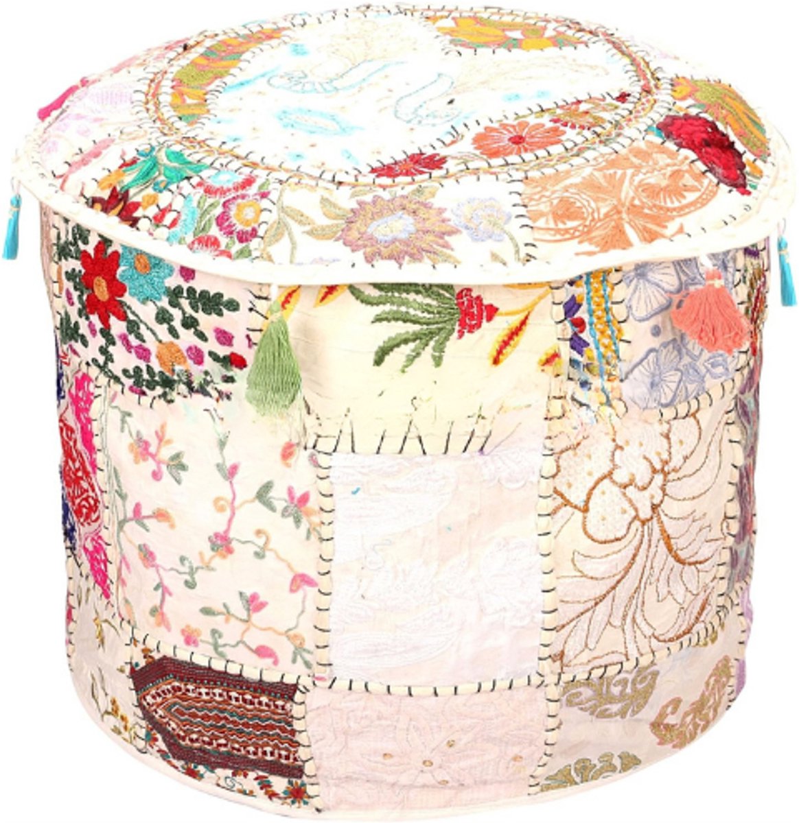 BOG Voetenbank En Poefhoes - Ronde Poef Stoelhoes Wit Ethnisch Geborduurd Patchwork Katoenen Poef - Traditionele Stoffen Ottoman Pouf Cover 40cm (16x16x13 Inch) Alleen Hoes VEELKLEURIG