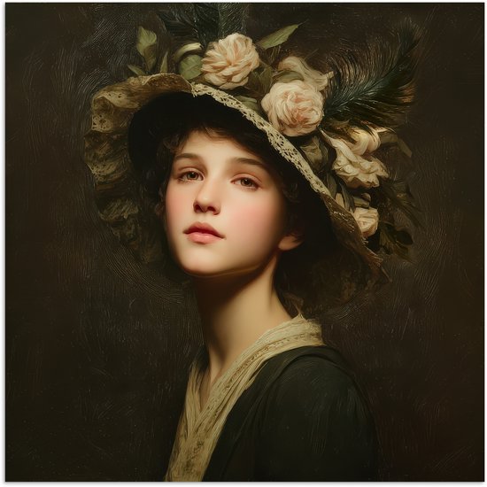 Poster 75x75 cm - Bloemenhoed - Portret - Vrouw - Posters - Kamer decoratie - Wanddecoratie woonkamer - Muurdecoratie slaapkamer