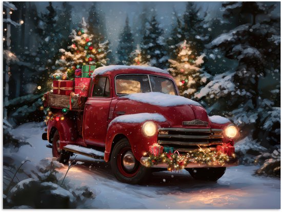 Poster 80x60 cm - Kersttruck - Sneeuwbos - Rood - Posters - Kamer decoratie - Wanddecoratie woonkamer - Muurdecoratie slaapkamer - Kerstversiering - Kerstdecoratie voor binnen - Kerstmis