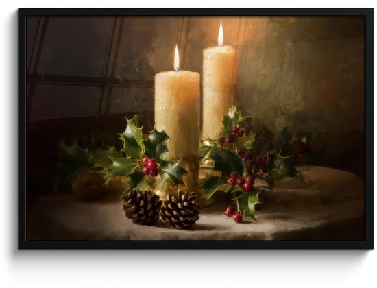 Poster in lijst - Fotolijst 90x60 cm - Posters - Kaarslicht - Kerst - Veelkleurig - Posterlijst zwart - Decoratie - Wanddecoratie woonkamer - Muurdecoratie slaapkamer - Kerstversiering - Kerstdecoratie voor binnen - Kerstmis