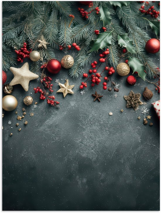 Poster 90x120 cm - Kerstomlijsting - Hulst - Kleurrijk - Posters - Kamer decoratie - Wanddecoratie woonkamer - Muurdecoratie slaapkamer - Kerstversiering - Kerstdecoratie voor binnen - Kerstmis