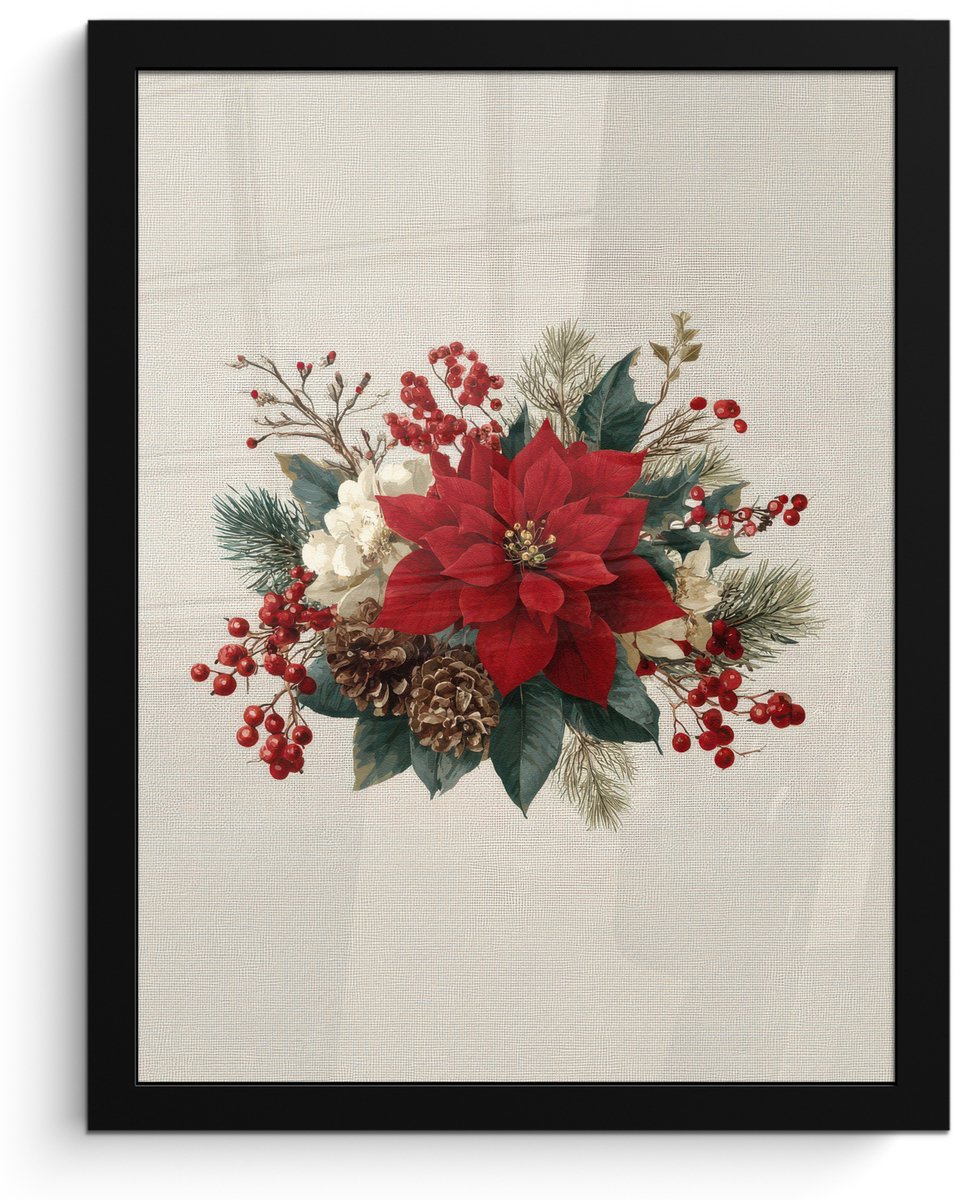 FrameYourWall Poster in lijst - Fotolijst 30x40 cm - Posters - Kerststuk - Pointia - Dennenappels - Rood - Posterlijst zwart - Decoratie - Wanddecoratie woonkamer - Muurdecoratie slaapkamer - Kerstversiering - Kerstdecoratie voor binnen - Kerstmis Kerststuk - Poinsettia - Dennenappels - Rood