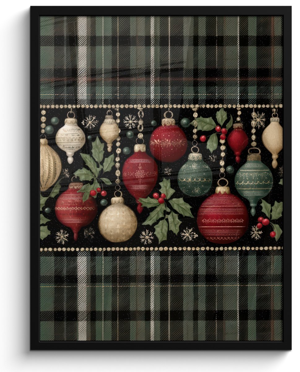 FrameYourWall Poster in lijst - Fotolijst 60x80 cm - Posters - Kerstballen - Rood - Hulsttakken - Patroon - Posterlijst zwart - Decoratie - Wanddecoratie woonkamer - Muurdecoratie slaapkamer - Kerstversiering - Kerstdecoratie voor binnen - Kerstmis