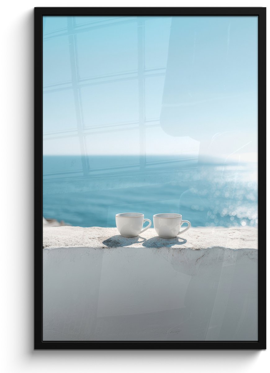 FrameYourWall Poster in lijst - Fotolijst 60x90 cm - Posters - Zee - Koffiekopjes - Zomers - Posterlijst zwart - Decoratie - Wanddecoratie woonkamer - Muurdecoratie slaapkamer