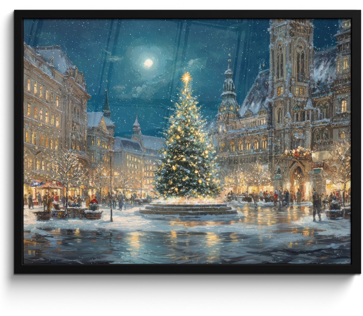 FrameYourWall Poster in lijst - Fotolijst 80x60 cm - Posters - Kerstnacht - Stadsplein - Meerkleurig - Posterlijst zwart - Decoratie - Wanddecoratie woonkamer - Muurdecoratie slaapkamer - Kerstversiering - Kerstdecoratie voor binnen - Kerstmis