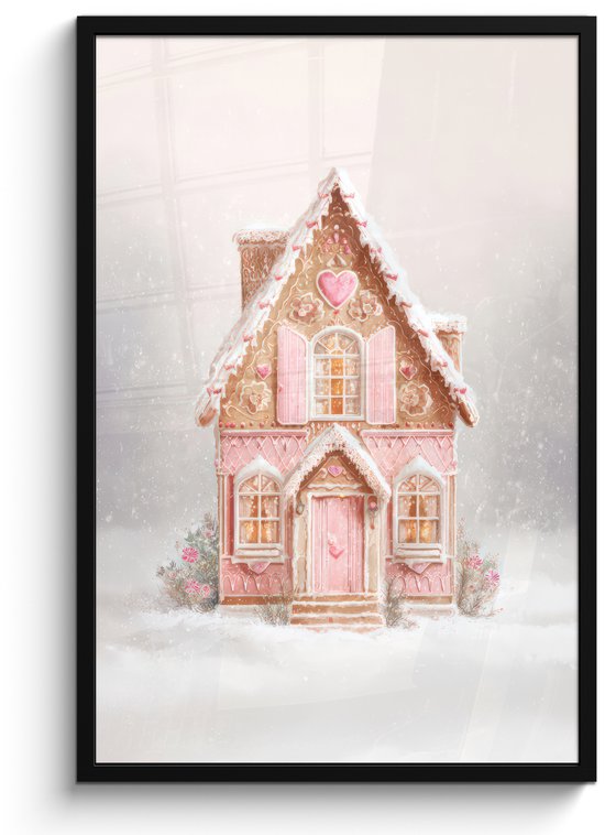 Poster in lijst - Fotolijst 60x90 cm - Posters - Huisje - Suiker - Pastel - Posterlijst zwart - Decoratie - Wanddecoratie woonkamer - Muurdecoratie slaapkamer - Kerstversiering - Kerstdecoratie voor binnen - Kerstmis