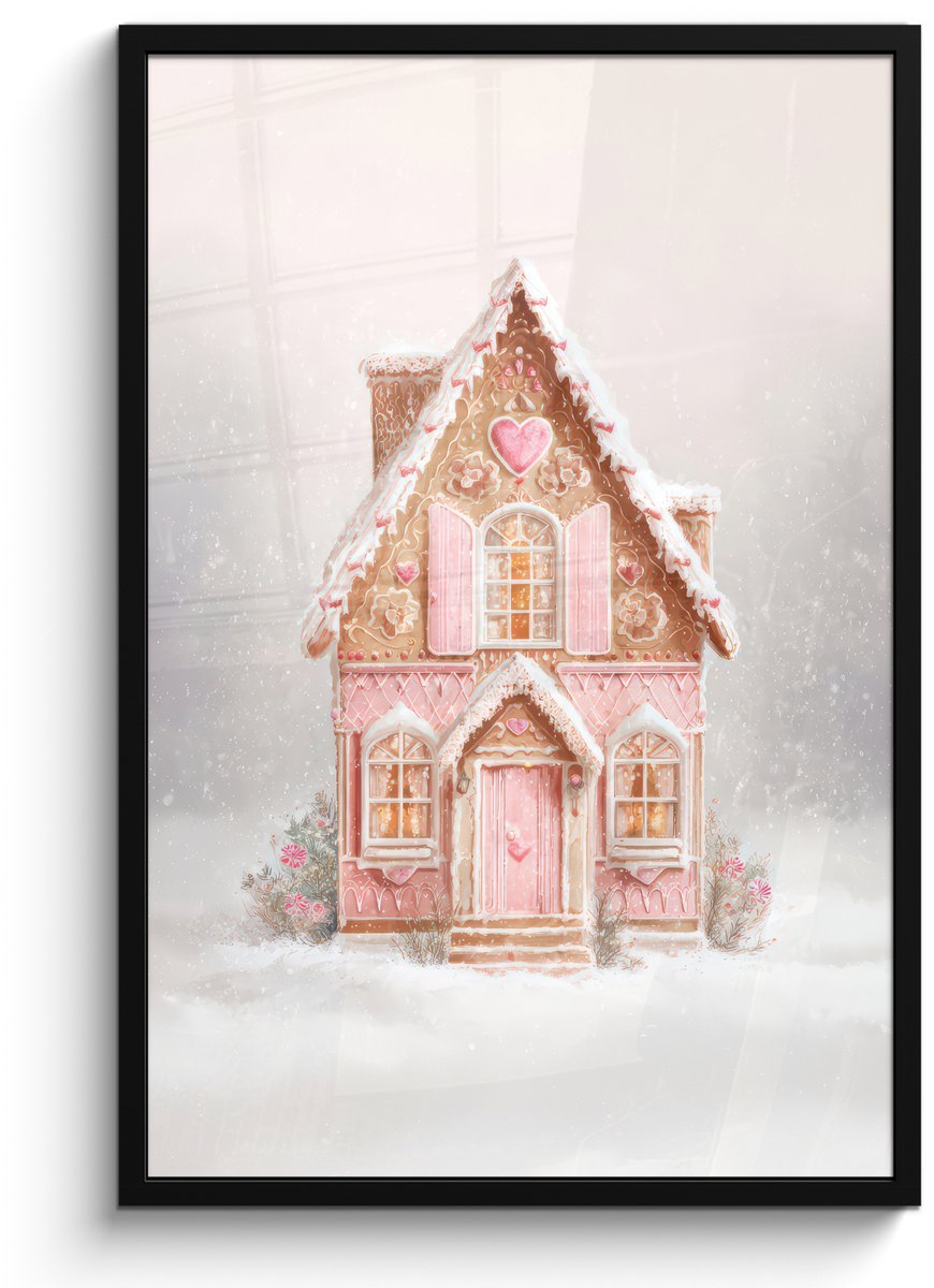 FrameYourWall Poster in lijst - Fotolijst 60x90 cm - Posters - Huisje - Suiker - Pastel - Posterlijst zwart - Decoratie - Wanddecoratie woonkamer - Muurdecoratie slaapkamer - Kerstversiering - Kerstdecoratie voor binnen - Kerstmis