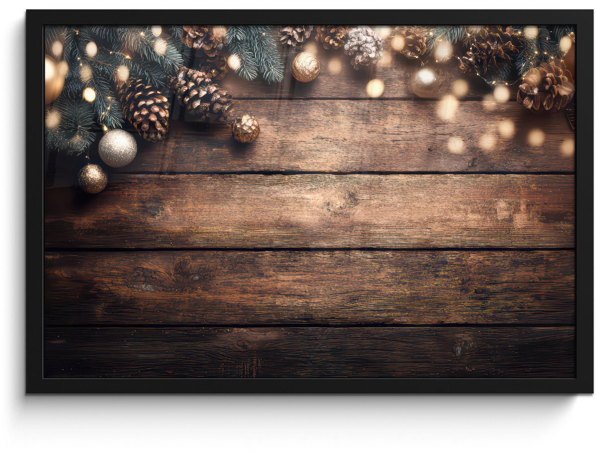 FrameYourWall Poster in lijst - Fotolijst 60x40 cm - Posters - Kerstdecoratie - Houten - Dennenappel - Bruin - Posterlijst zwart - Decoratie - Wanddecoratie woonkamer - Muurdecoratie slaapkamer - Kerstversiering - Kerstdecoratie voor binnen - Kerstmis
