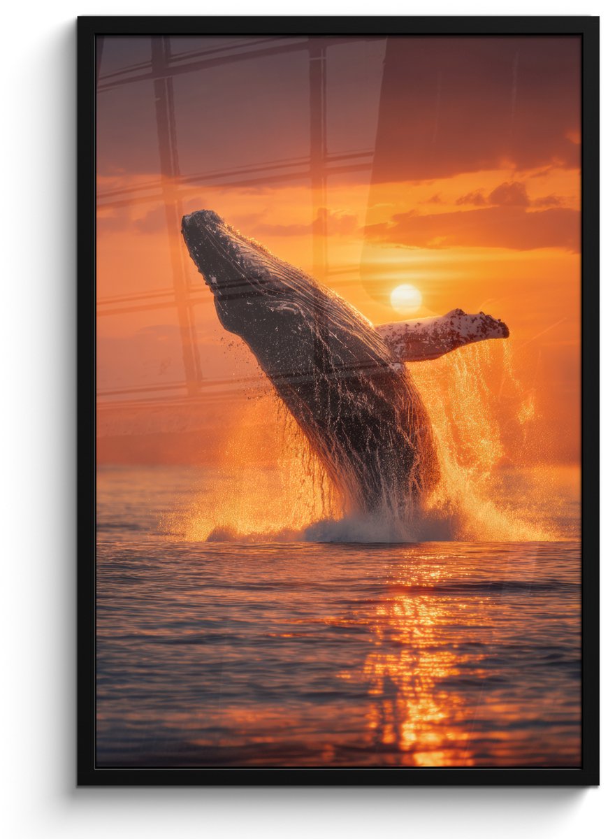 FrameYourWall Poster in lijst - Fotolijst 60x90 cm - Posters - Walvis - Zon - Zee - Posterlijst zwart - Decoratie - Wanddecoratie woonkamer - Muurdecoratie slaapkamer