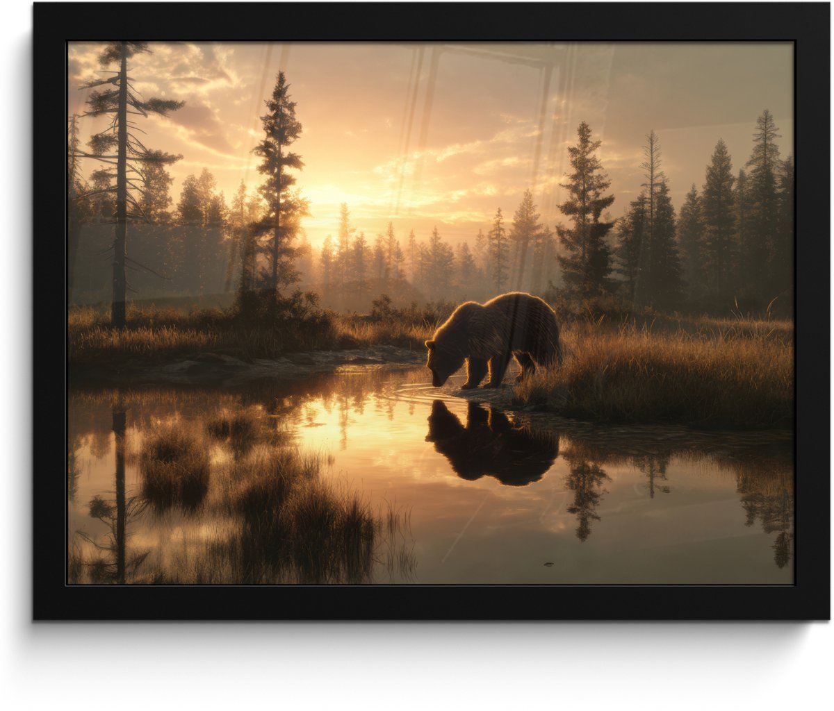 FrameYourWall Poster in lijst - Fotolijst 40x30 cm - Posters - Beer - water - Bos - Ochtendlicht - Posterlijst zwart - Decoratie - Wanddecoratie woonkamer - Muurdecoratie slaapkamer