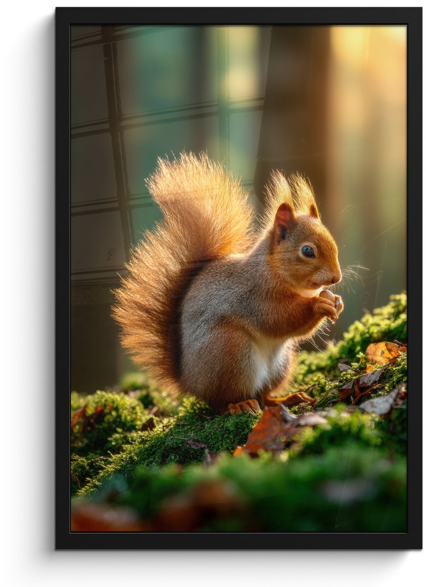 FrameYourWall Poster in lijst - Fotolijst 40x60 cm - Posters - Eekhoorn - Nootje - Gras - Posterlijst zwart - Decoratie - Wanddecoratie woonkamer - Muurdecoratie slaapkamer