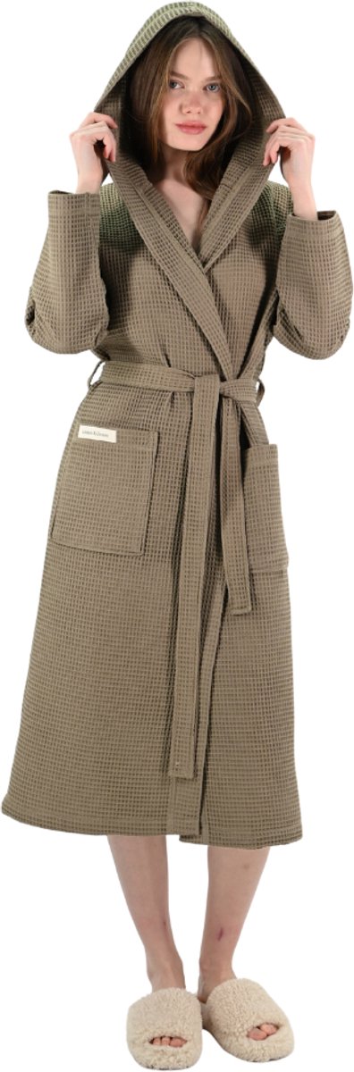 PandaHome L&G - Unisex Sauna Badjas - 100% Katoen Badjas - M - Kaki - Katoen wafel - Wafel Badjas dames - badjas met capuchon unisex - Badjas dames en heren