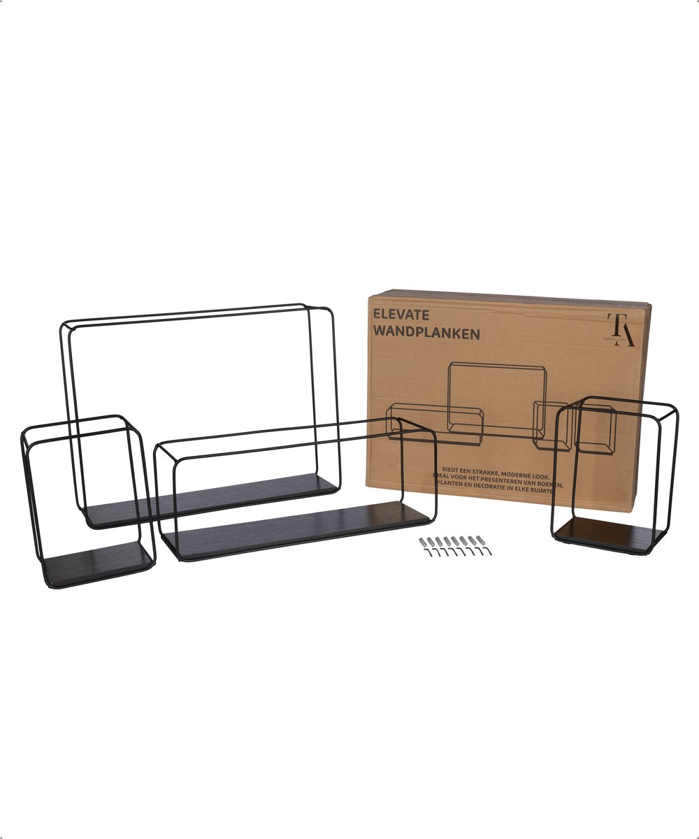 TrueLogic Alpha Wandrek - Set van 4 - Decoratieve Wandplanken - Wandplank - Elevate Wandrekken - Inclusief schroeven en pluggen - Zwart