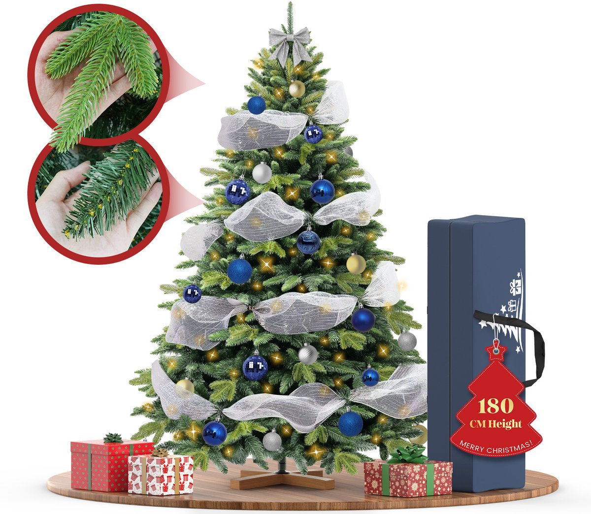 180 cm Premium Kunstkerstboom-Levensechte Kunstmatige PVC + PE Spar, Kerstboom Met LED Verlichting, Houten Standaard, Opbergtas, Decoratieve Accessoires, Beschermende Handschoenen, Dichte Takken, Vlamvertragend
