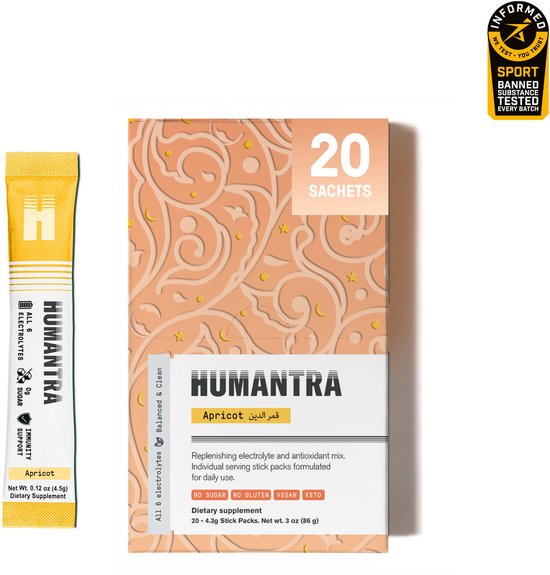 Gele sachet met "HUMANTRA" en "Apricot". Rechts een oranje pakje met "20 SACHETS" en perzikpatroon.