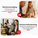Man verzorgt dochter met pleister. Vrouw met laptop in kantooromgeving. Iconen van familie en schild.