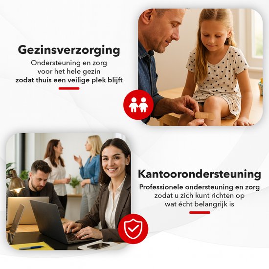 Man verzorgt dochter met pleister. Vrouw met laptop in kantooromgeving. Iconen van familie en schild.