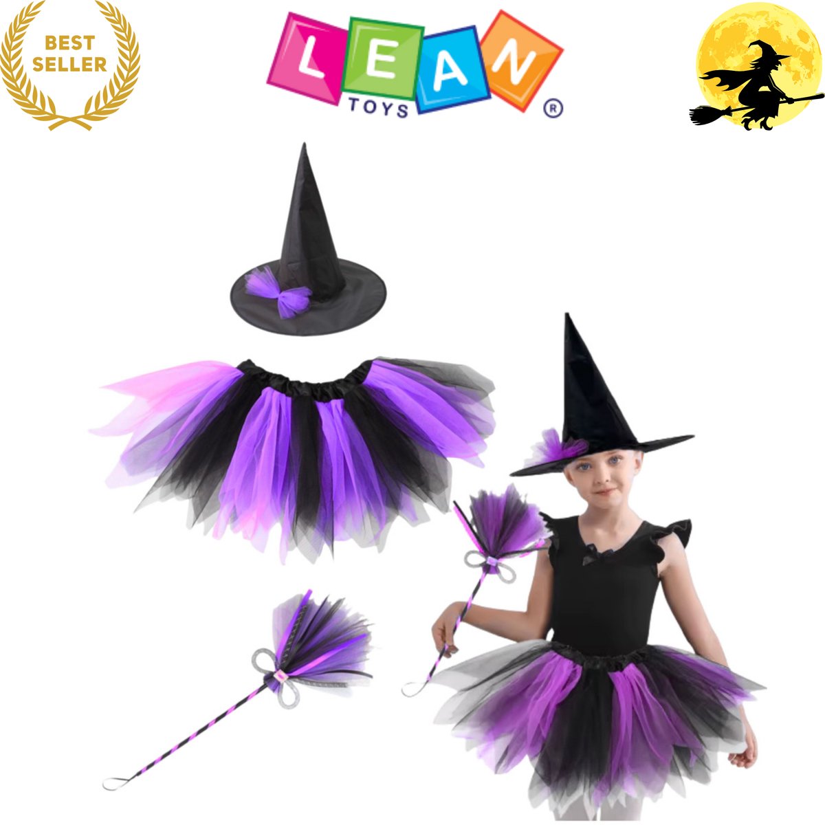 LeanToys Heksenkostuum voor Kinderen met Hoed, Rok en Bezem – Halloween Kostuum - Halloween Kostuum Voor Kinderen - Feest of Theatervoorstelling – Zwarte en Paarse Tule Rok met Elastische Taille – Complete Outfit – Met Ebook