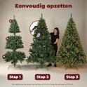 Illustratie van drie stappen voor het opzetten van een kunstkerstboom. De boom is 210 cm, de persoon 170 cm.