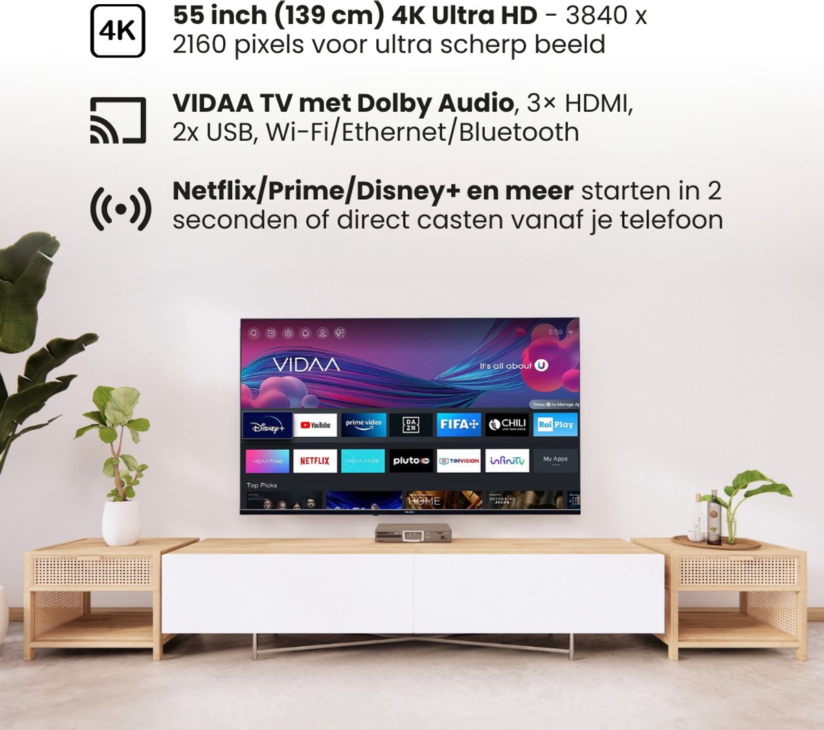 Salora FOD55UV - Smart tv 55 inch - 4K TV - 55 inch tv - Smart TV - Borderless - Zwart - 2025 thumbnail 4