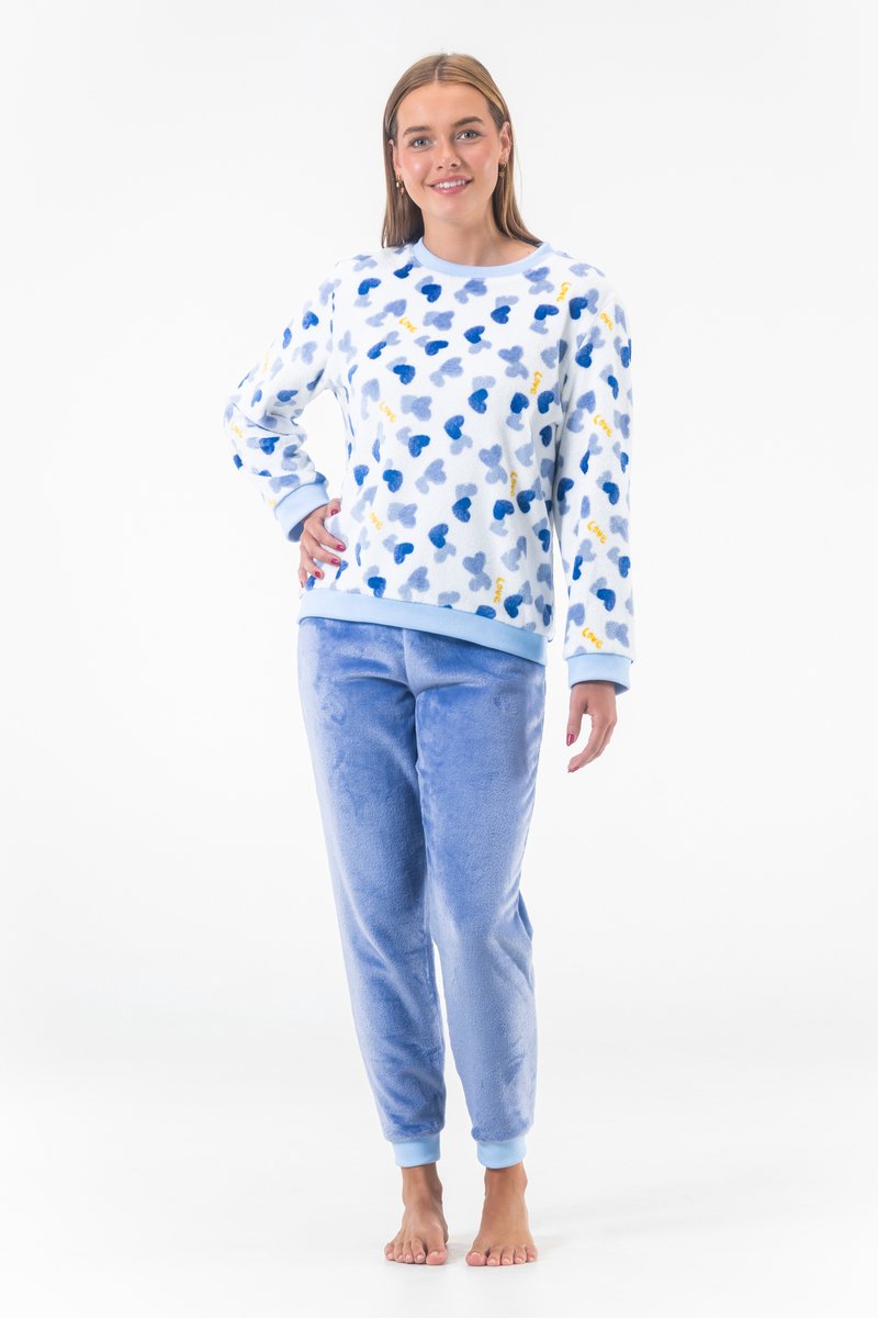 Dames Fleece Huispak en Pyjama - Ronde Hals - Love Hearts - Superzacht Fleece - Blauw - 2502 - Maat L
